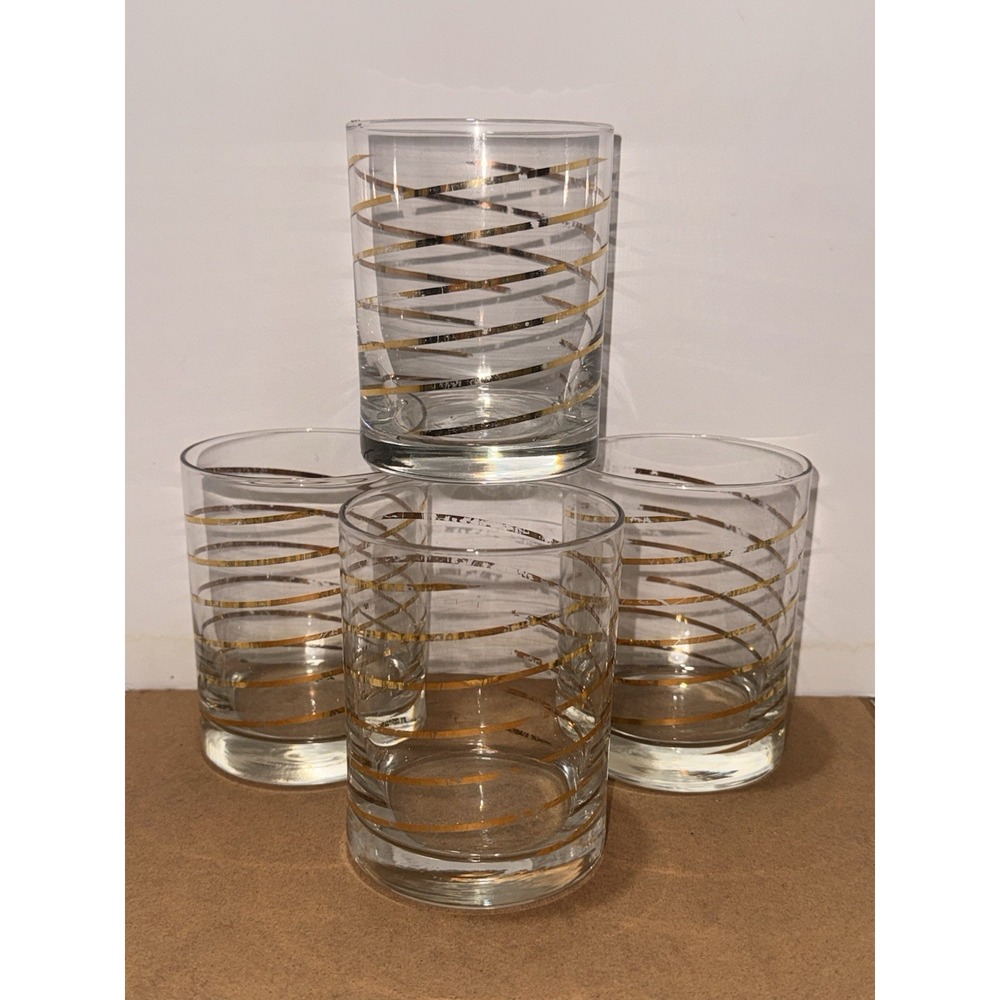 4 MCM Vintage Kraftware Gold Stripe Rocks Old Fashioned Low Ball Glasses